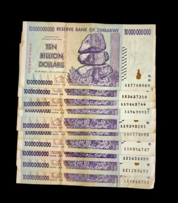 10 piezas x billetes de 10 mil millones de dólares de Zimbabwe - 2008 AA o AB prefijo Foto 1 de 2