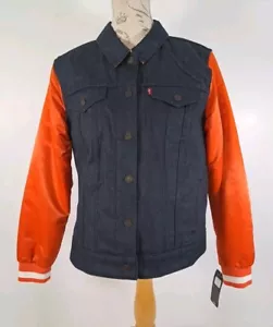 LEVI'S Chicago Bears Varsity Jacket NFL Denim Navy Orange BNWT Women's Size XL - Picture 1 of 24