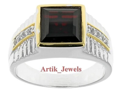 Piedras preciosas de granate natural con anillo de plata enchapado en oro blanco de 14K para hombre #894 Foto 1 de 4