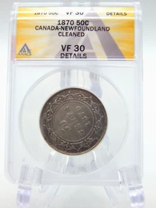 1870 NEWFOUNDLAND CANADA 50 CENT VICTORIA HALF ANACS VF 30 DETAILS (BT452) - Picture 1 of 4