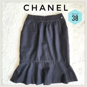 Authentic CHANEL Black Cashmere Wool Mermaid Skirt Coco Mark Logo Size38 Women's - Picture 1 of 10