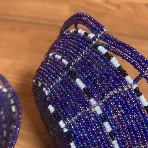 Lot of 2 Glass Hand Bead Bowl Weaved Basket Sizes 8x3" and 5x2" Purple Cover
