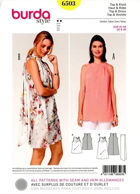 Burda 6503 Airy, Bias Cut Top & Dress w Angled Pleats, Scarf Sz 8-20 UC Pattern - Image 1 of 4