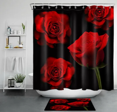 Juegos de cortinas de ducha de fondo negro rosa roja día de San Valentín para decoración de baño Foto 1 de 4