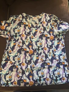EUC Halloween Scrub Top Size XL Ghosts, Pumpkins, Cat - Picture 1 of 5