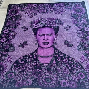 Frida Kahlo Woven Blanket Throw 78x78” Purple Black Floral Butterflies Romantic - Picture 1 of 10
