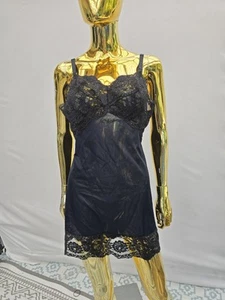 Vintage 50s Gotham Gold Stripe Black Satin Nylon Lace Midi Full Slip Size 36 - Picture 1 of 8