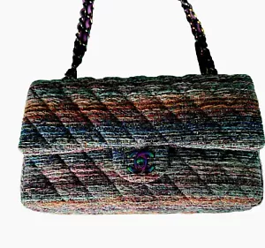 20C Purple Rainbow Tweed Medium Classic Double Flap Bag Rainbow Hardware Authent - Picture 1 of 9