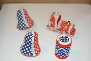 Lot 4 Vintage US Patriotic Flag TRAIN Christmas ORNAMENTS Bells - Picture 1 of 1