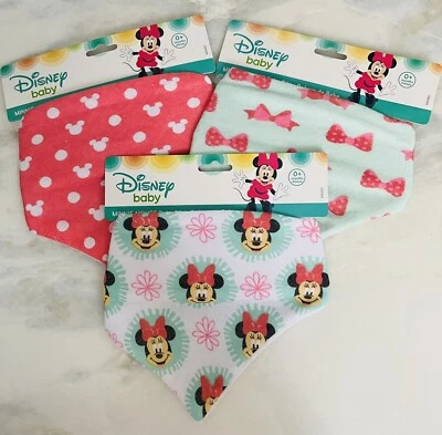 NUEVO CON ETIQUETAS Disney Baby Minnie Mouse Bandana Fácil Ajustable Cuello Baberos 0+ Juego de 3 piezas Foto 1 de 4