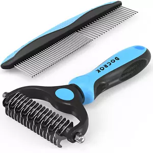 Pet Grooming Combo - Blue Deshedding Brush with Metal Comb for Detangling and De - Picture 1 of 12