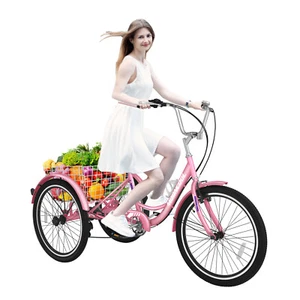 SLSY 24” Pink Tricycle 7-Speed 3-Wheel Bike + Basket Pedicab US For Women Girl - Picture 1 of 12