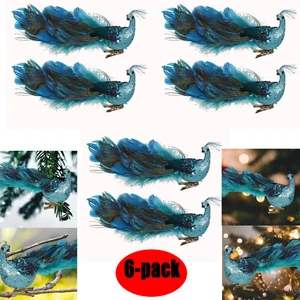 6 Pack 19'' Christmas Peacock 3D Decorative Glitter Feather Pendant Ornament - Picture 1 of 12