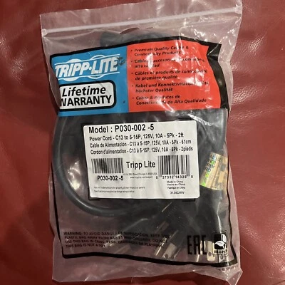 5 Pack) Tripp-Lite p030-002-5, Power Cord Black C13 To 5-15P, 125V, 10A, 2ft L - Image 1 of 4