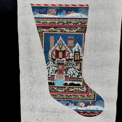 Peter Ashe Hand Painted Needlepoint Canvas English Winter Stocking LE '94 18 ct - Image 1 of 4