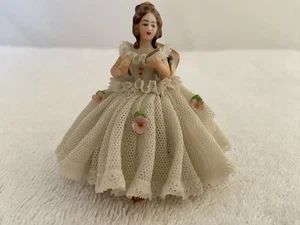 Antique Dresden Lace Miniature Porcelain Lady Figurine Book Pink Flowers Germany - Picture 1 of 6