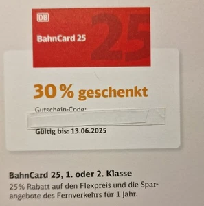 BahnCard 25 Deutsche Bahn 30% Rabatt Gutschein für 1. oder 2. Klasse - Bild 1 von 2
