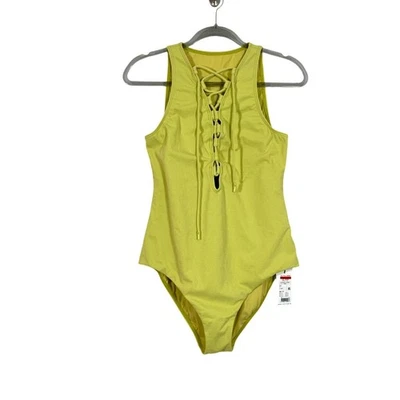 Jets Australia Tie Front Plunge Chartreuse Swimsuit Size USA 12 Fully Lined NWT - Image 1 of 4