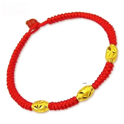 Pure 999 24k Yellow Gold Oval Beads Men Women Red Cord Knitted Braided Bracelet - Image 1 of 4