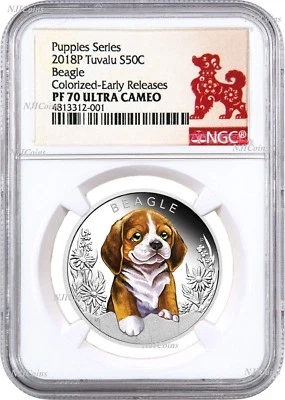 2018 Puppies Beagle Tuvalu PROOF Silver NGC PF 70 1/2oz Coin Lunar Year DOG  - Image 1 of 4