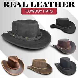 Cowboy Hat Mens Real Leather Australian Western Style Crazy Horse Aussie Hats - Picture 1 of 89