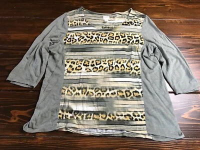 Camiseta Chico's Media Manga Para Mujer Talla Grande 3 Verde Tostado Estampado Leopardo Rayas Foto 1 de 4