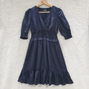 Express Women's Small Navy Polkadot Elastic Waist Ruffle Sleeves Dress - Picture 1 of 15