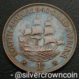 Africa South 1 Penny 1941. KM#25. Bronze Large 1 Cent coin. Sailing Ship WWII BP - Picture 1 of 7