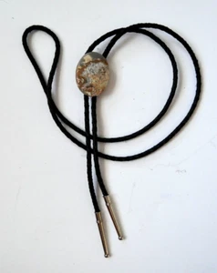 Vintage Bolo Tie with Polished Oval Stone Buckle and Leather Cords 1.5" x 4 1/4" - Picture 1 of 11