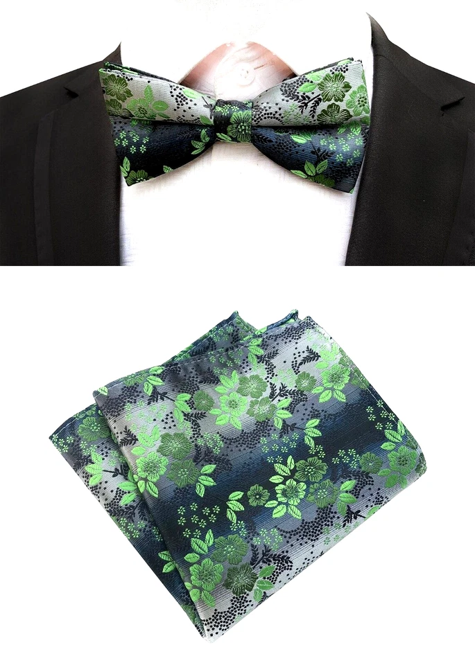 New Mens Pre-Tied adjustable Bow Tie Floral Black Green Silk Bowtie Hanky Party - image 1 of 1