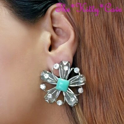 Deco Silver Mesh Lace Lotus Flower Floral Scroll Earrings w/ Swarovski Crystals - Image 1 of 4