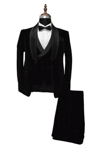 Men Black Velvet Suit Designer Wedding Dinner Party Wear Suit(Coat +Pant +Vest) - Picture 1 of 8