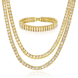 Men's Women's 16" / 18" Double Tennis Chain & 3 Row Bracelet Gold Tone SET G - Picture 1 of 5