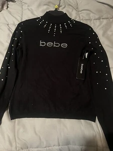NUEVO CON ETIQUETAS BEBE AUTÉNTICO GRANDE MUJER NEGRO CUELLO TORTUGA MANGA LARGA SUÉTER CON PERLAS - Imagen 1 de 7