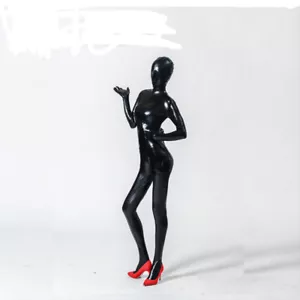 Schwarz Metallic glänzend Kapuzentrikot Body Wetlook Leder Catsuit Clubwear - Bild 1 von 9