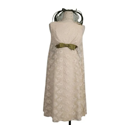 Vintage 1960s Cream Lace Overlay Short Wedding Dress Sz XS Green Birdcage Vail - Image 1 of 4