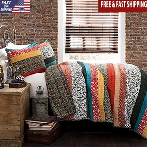 Boho Stripe Reversible Cotton Quilt Set 3pc King Vivid Bedding Home Decor New - Picture 1 of 6