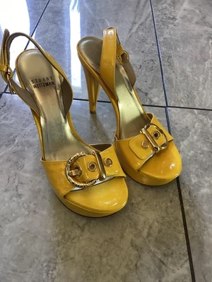 Stuart Weitzman Shoes Womens Size 7 Yellow Patent Slingback Platform Peep Toe - Image 1 of 4