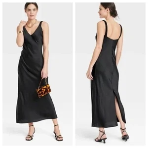 NEW A New Day Midi Perfect Slip Dress - Black Satin Size Medium - Picture 1 of 7