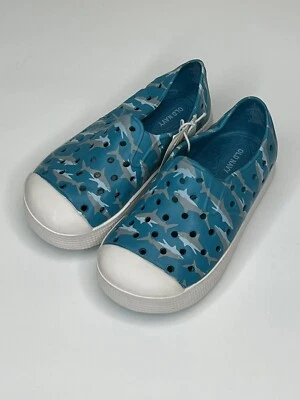 Boys Sz 5 Old Navy Aqua Blue Sharks Casual Boat Slip On Rubber Water Shoes New - Image 1 of 2