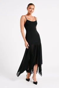 Meshki Minka Maxi Dress Chiffon drop waist skirt and fitted body Black Size XS - Picture 1 of 6