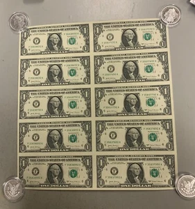 $1 Uncut Sheet of 10 2017 Crisp Unc Fed Reserve Notes + 4 X 1964 Cook Isl. $1 - Picture 1 of 3