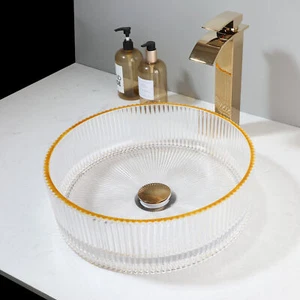Bathroom Clear Round Tempered Glass Basin Set Vessel Vanity Sink Bowl Faucet - Picture 1 of 10