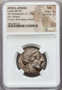 Attica Athens Greek Owl Silver Tetradrachm Coin (440-404 BC) - NGC MS - Picture 1 of 2