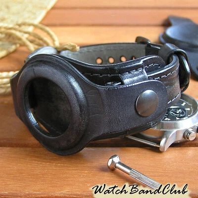 Correa de reloj de cuero 20 mm negra correa brazalete pulsera dos cubiertas Foto 1 de 4