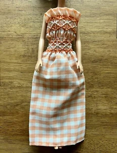 VTG Barbie Summer Sun Dress Peach Long Check Strapless Gingham Homemade No Doll - Picture 1 of 5