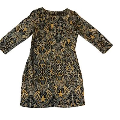 Vestido justo estampado Tahari preto e amarelo mangas compridas tamanho 2 - Imagem 1 de 4