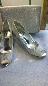 DUNE LOW HEEL SILVER SHIMMER PEEP SHOES AND MATCHING BAG UK 6 39 - Picture 1 of 12