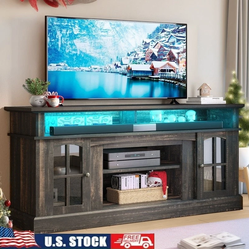 Durable TV Stand Tempered Glass Storage Rustic Oak Entertainment Center RGB LED - Image 1 of 4