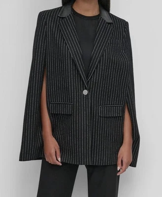 DKNY женщин черный в тонкую полоску зубчатый воротник плащ куртка размер XL - Изображение 1 из 3